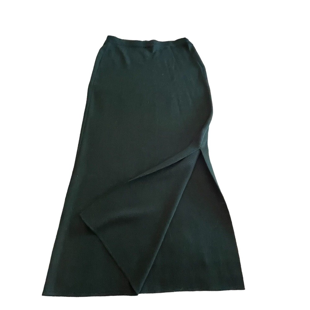 VTG Nina Leonard 38” Wool Blend Knit Skirt L Green Maxi High Slit Elastic Waist